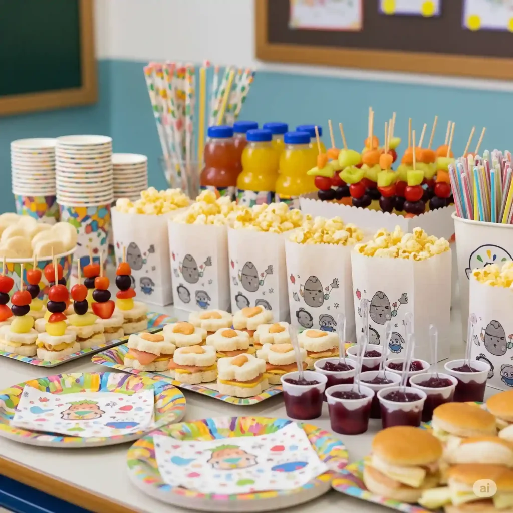 Mesa com doces e salgados em uma escola